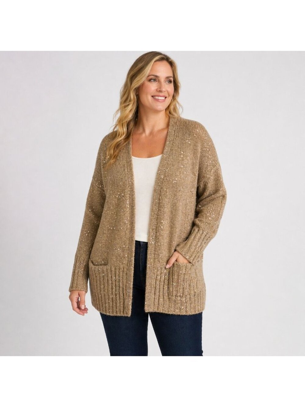 J Jill Womens Wool Blend Cardigan Sweater Gold Sequin Open Front Size M
